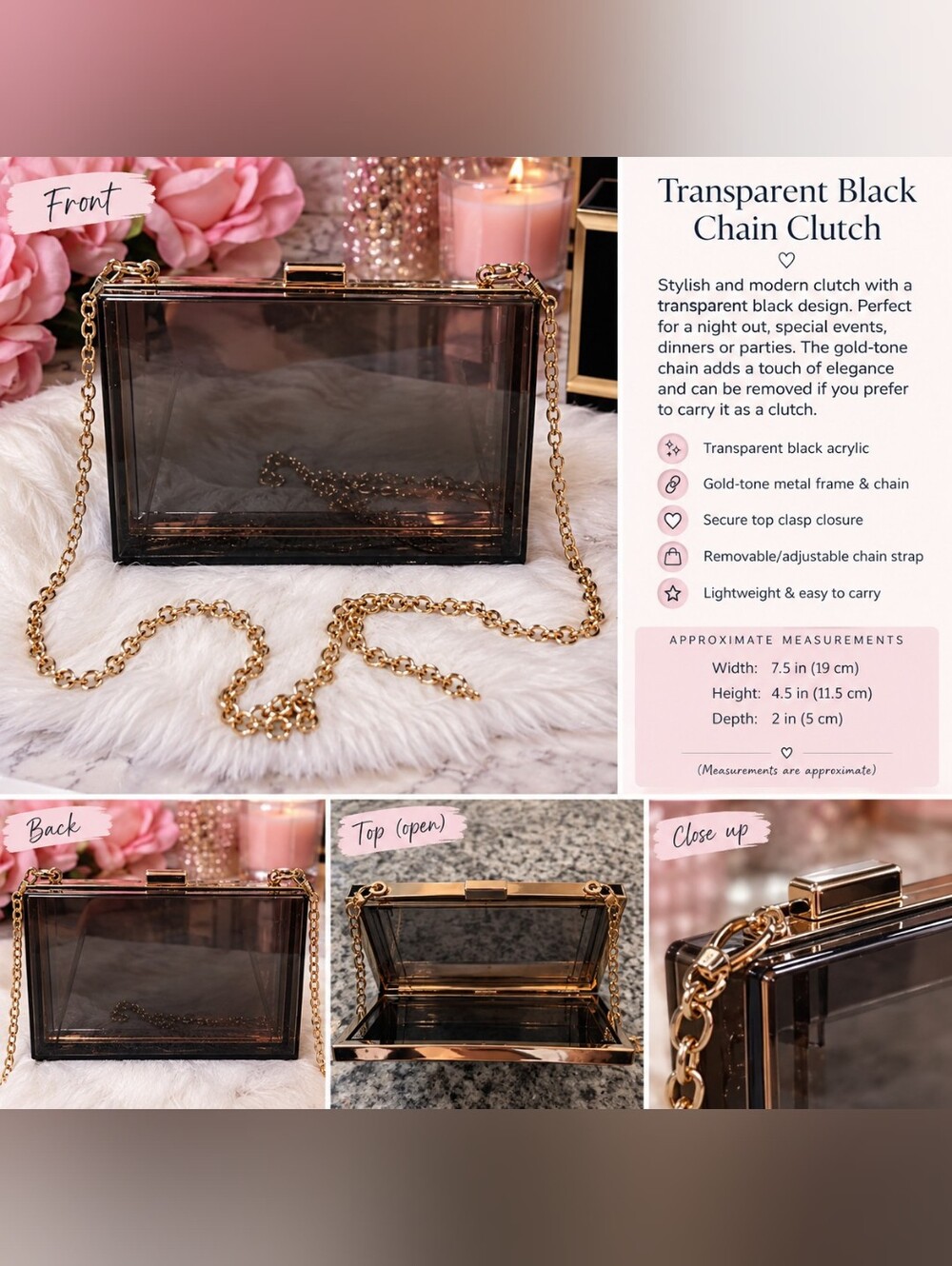 Transparent BLACK CHAIN CLUTCH WITH GOLD-TONE CHAIN "New Without Tags"